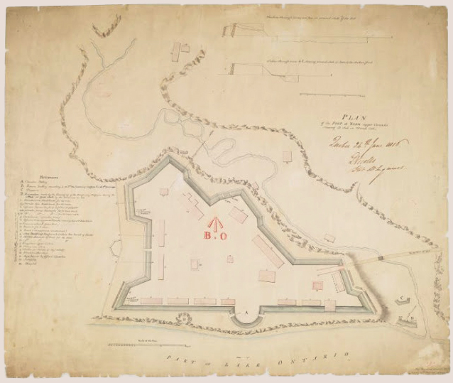 Plan of Fort at York, Upper Canada, shewing its state in March 1816 Drafted by: Royl. Engineers Drwg. Room, Quebec, 16th Feby. 1816, J. B. Duberger, Junr. Quebec, 24th June 1816, G. Nicolls, Lt. Col. Rl. Engineers. Image courtesy Library and Archives Canada: NMC 23139